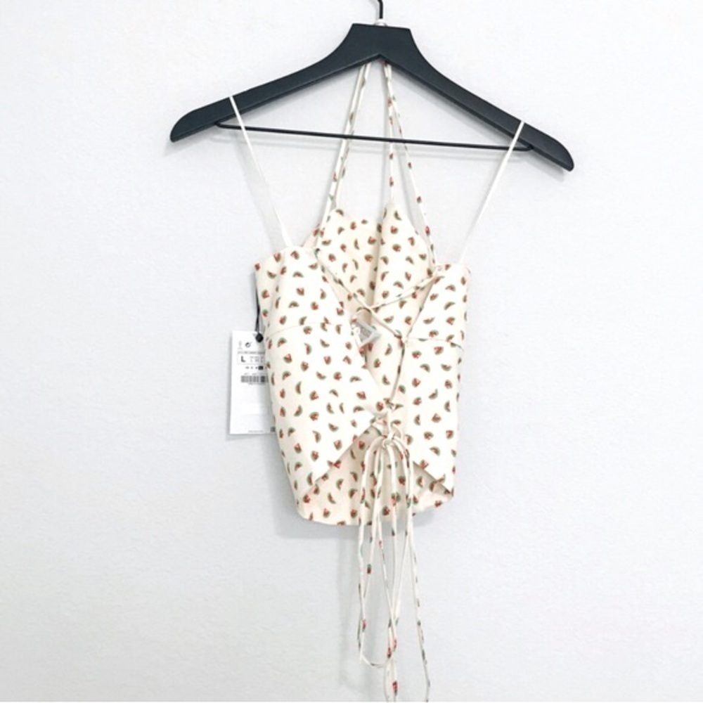 New! ZARA Y2K Watermelon Strappy Bandanna Satin Cropped Printed Blouse Top - Picture 4 of 9